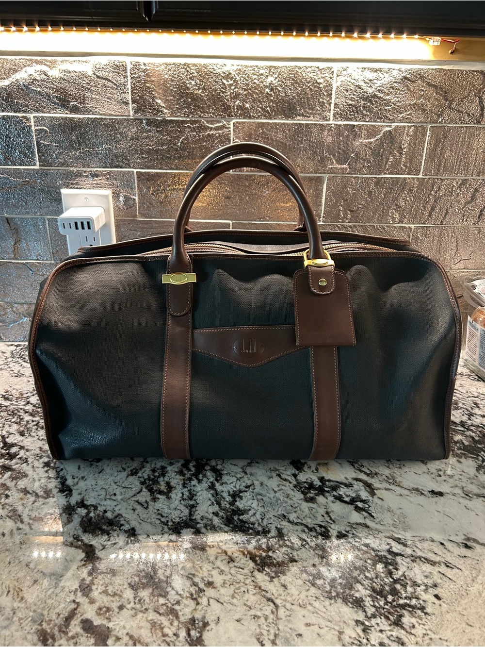 Dunhill Black Duffel with Brown Leather Trim and Gold Accents